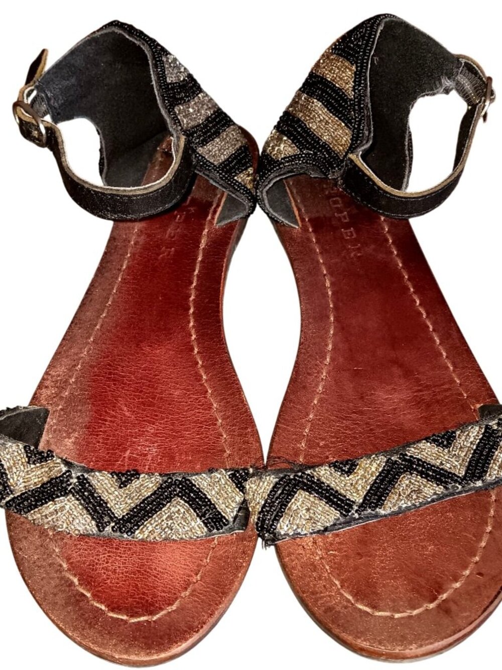 Beaded Leather sz 6 Womens Sandals Ankle Strap By Roper